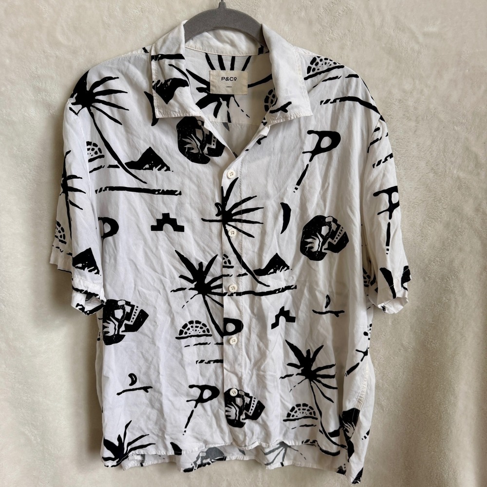 P&Co Black White Abstract Skull Print Short Sleeve Camp Shirt Large Viscose UK